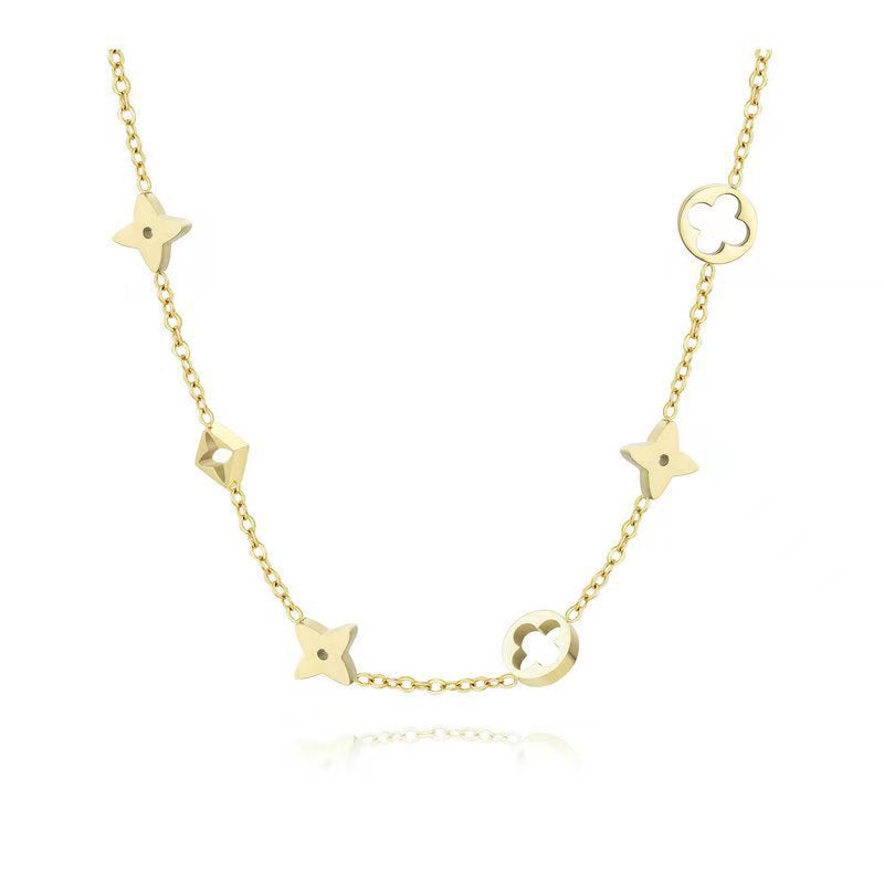 Collana minimalist in titanio a quadrifoglio da donna, con finitura galvanizzata e catena a O