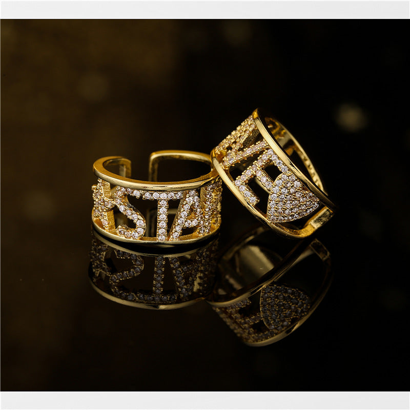 Sweet 18K Gold Plated Geometric Star Brass Ring with Micro-Inlay