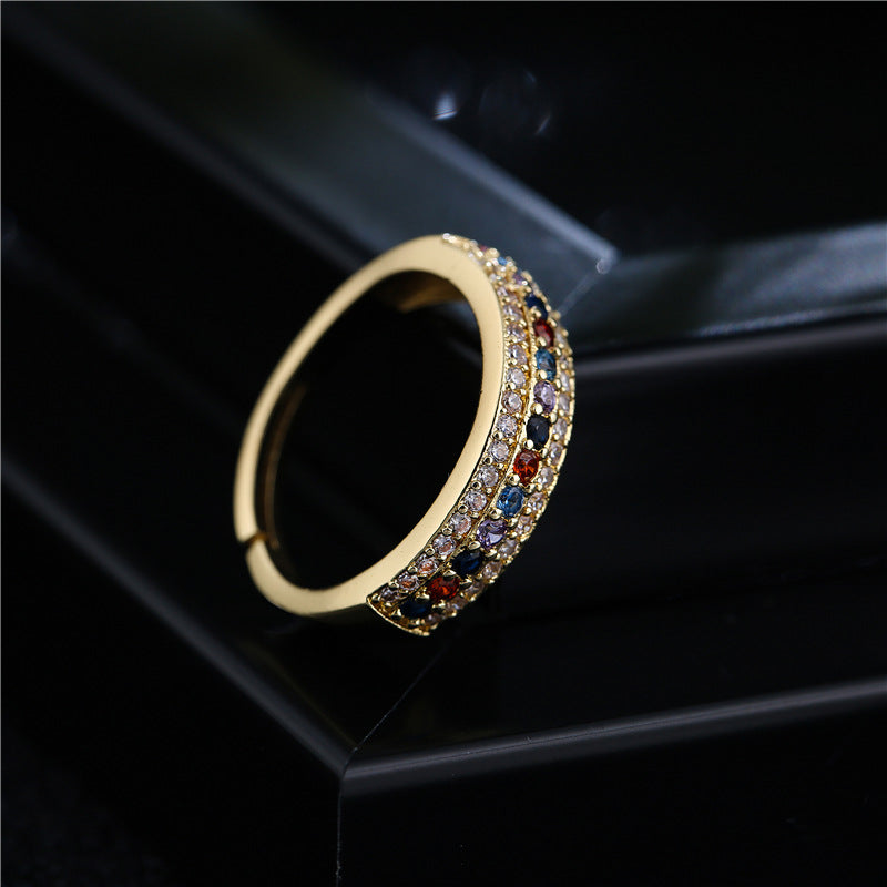 Elegant 18K Gold Plated Geometric Brass Ring with Micro-inlay Cubic Zirconia for Women
