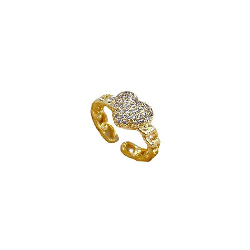 Minimalist Gold-Plated Brass Open Heart Ring with Zircon Inlay for Women Fashion Statement Ring