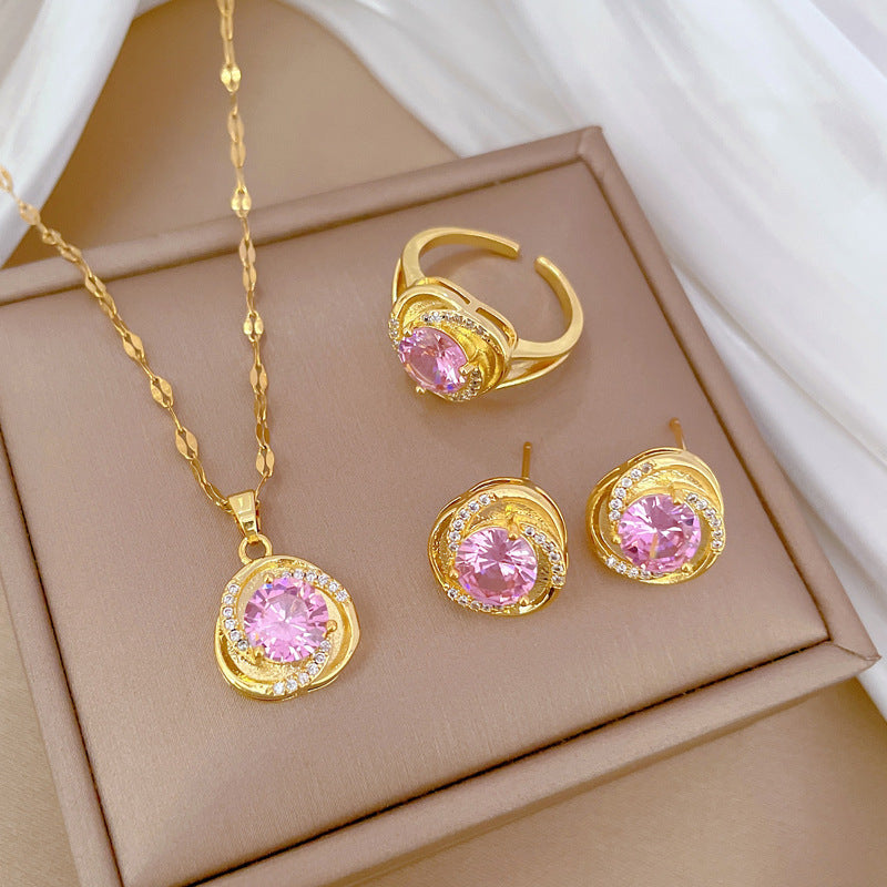 Conjunto de collar, pendientes y anillo minimalista de acero de titanio geométrico con circonitas giratorias para mujer