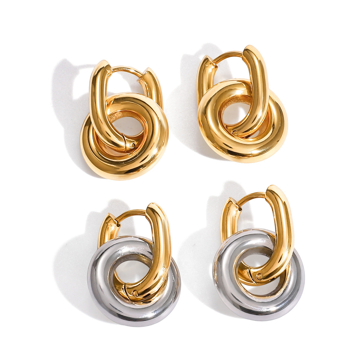 Orecchini a doppio anello geometrici minimalisti in acciaio al titanio placcato per donna