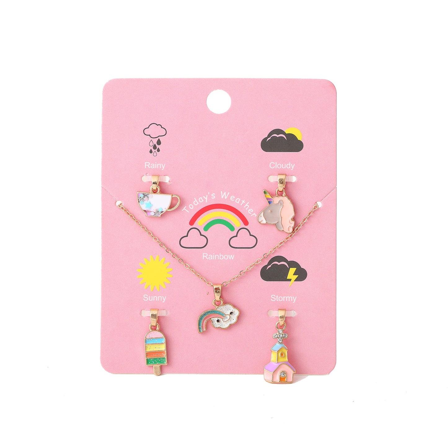 Cartoon Unicorn Pendant Necklace Set for Girls with Ice Cream Cake and Rainbow Design, Enamel Alloy Choker Chain for Kids Ages 3-10