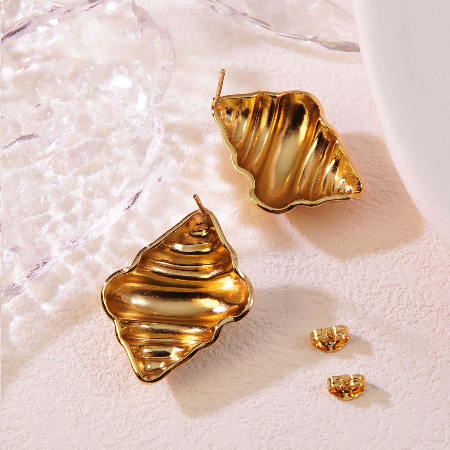 Geometric Hammered Plated Titanium Steel Croissant Ice Cream Stud Earrings for Women