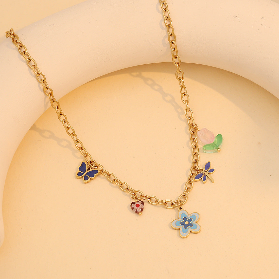 Natural Floral Butterfly Pendant Necklace in Stainless Steel with Plated Finish for Women