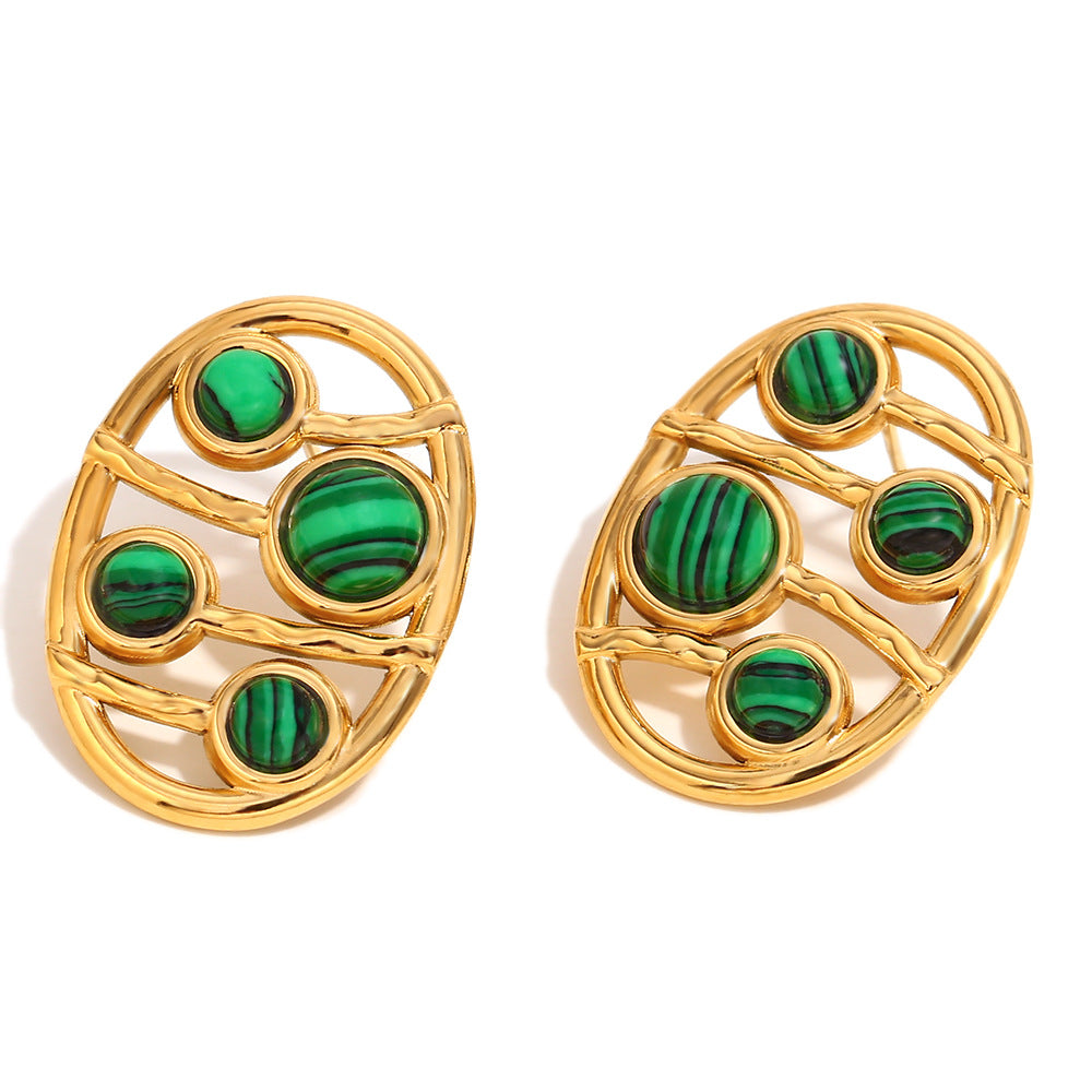 Vintage Geometric Stainless Steel Earrings with 18K Gold Plating, Hollow Oval Malachite Studs for Women