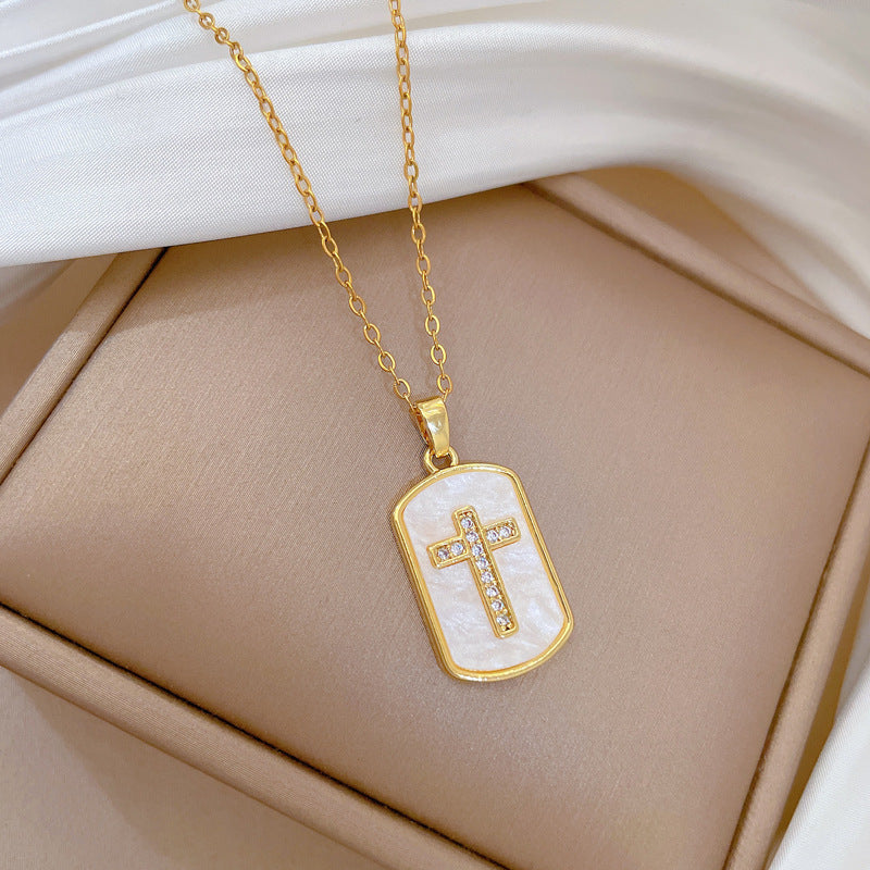 Minimalist Shell Cross Pendant Necklace in Titanium Steel with Rhinestone Inlay for Women and Men