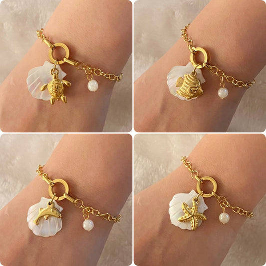 Bracciale da donna Fashion OL in acciaio inossidabile con stella marina e tartaruga, con finitura galvanica