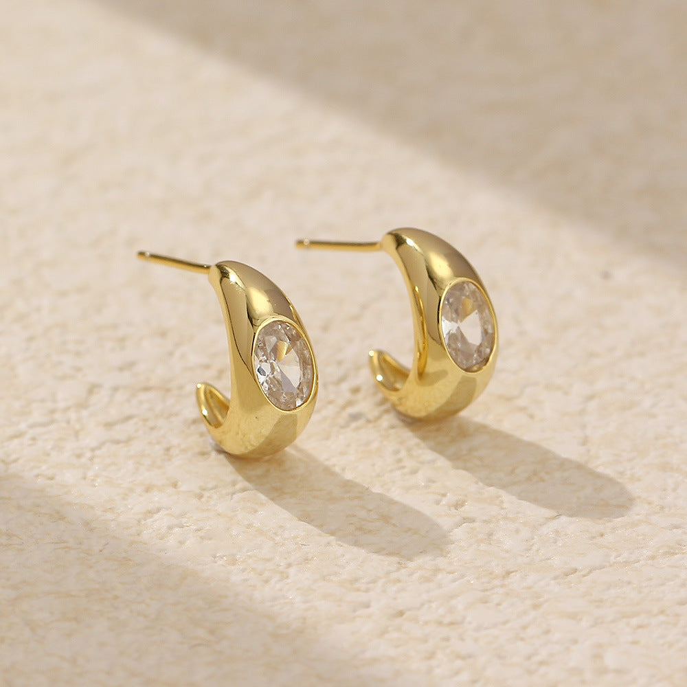 Minimalist Elegant 925 Sterling Silver Geometric Oval C-Shape Inlaid Diamond Earrings for Women
