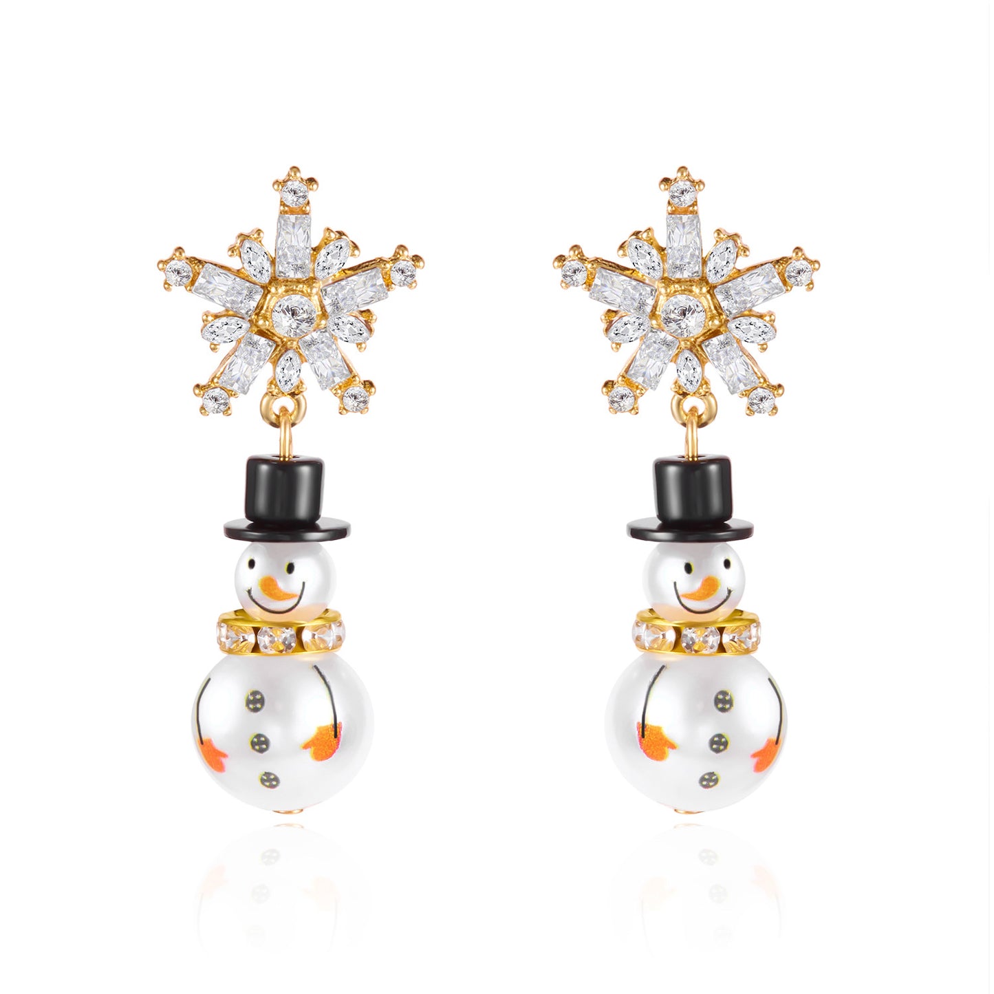 Lindos aretes de muñeco de nieve navideño con circonitas y perlas sintéticas incrustadas en aleación con acabado chapado para mujer