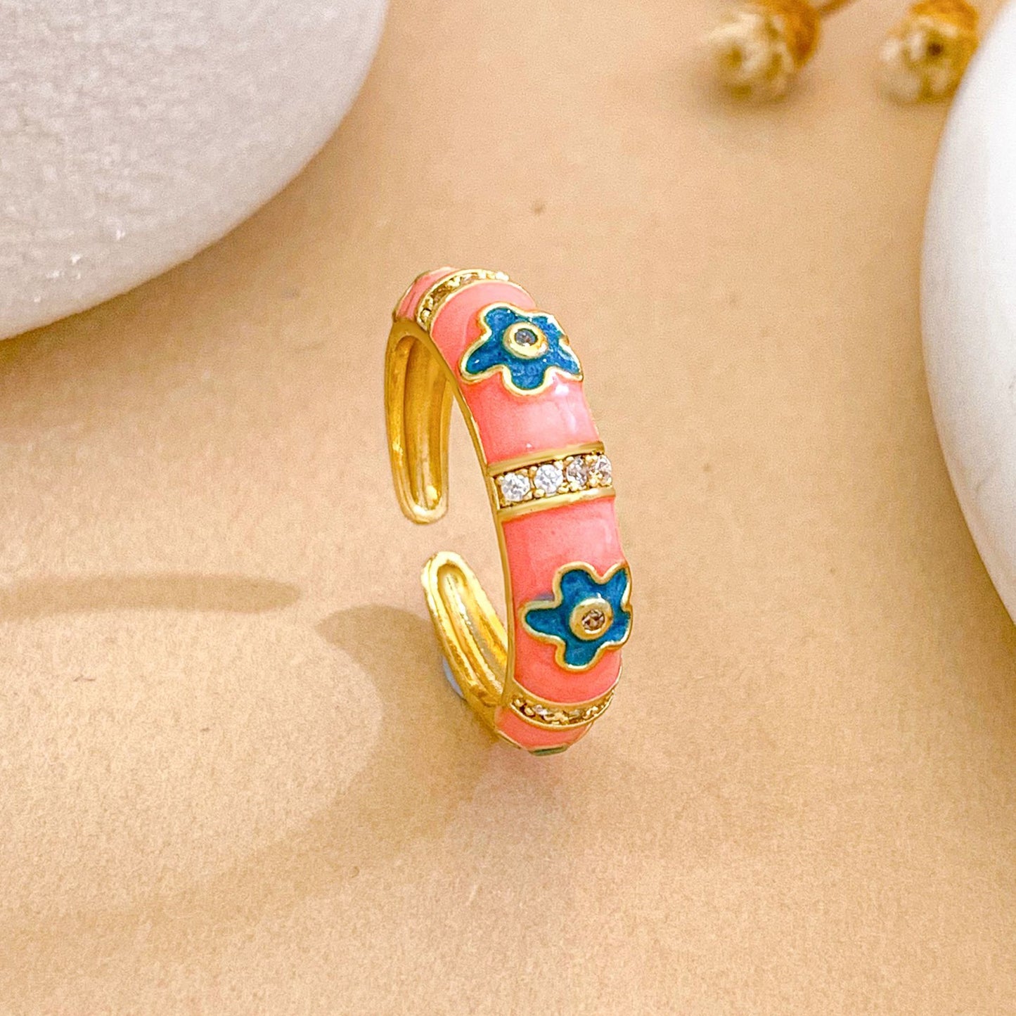 Sweet Floral Enamel Drip Oil Brass Ring with Cubic Zirconia Inlay 18K Gold Plated Adjustable for Women