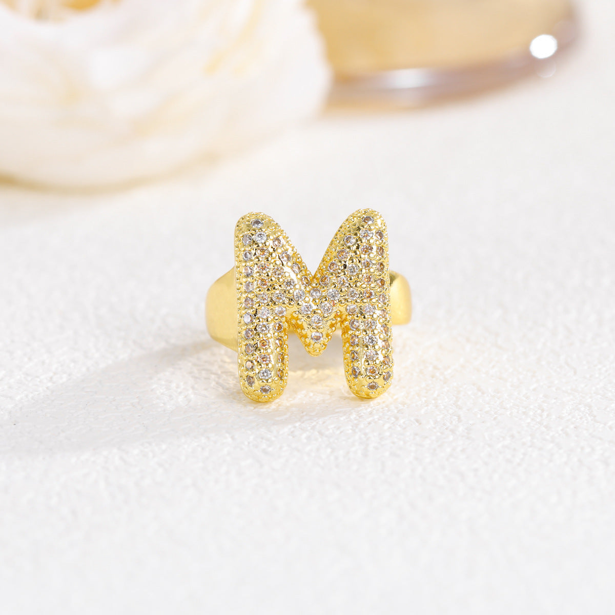Sweet Plated Brass Letter Ring with Cubic Zirconia Adjustable Open Ring for Women and Men