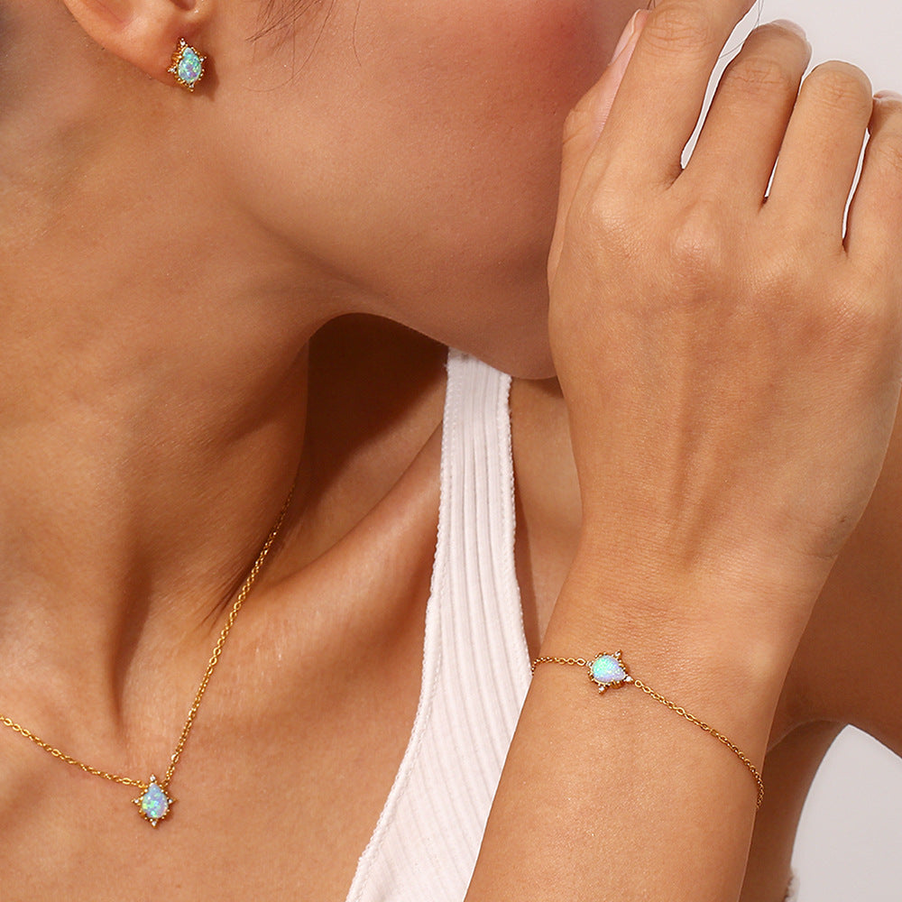 Fashionable Vintage-Style Geometric Drop-Shaped Opal Pendant Necklace with Gold-Plated Stainless Steel Chain for Women