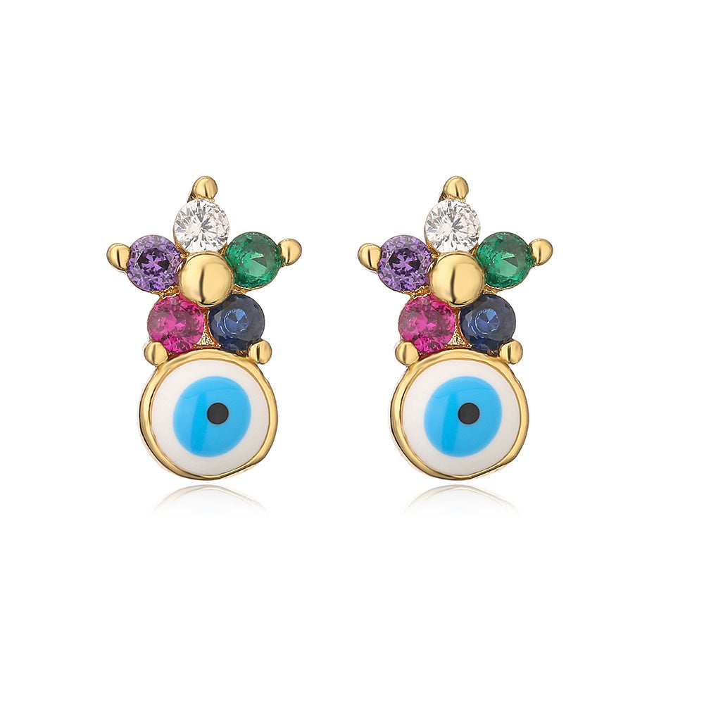 Orecchini a perno geometrici minimalisti a forma di occhio di Hamsa da donna con finitura in smalto e zirconi cubici