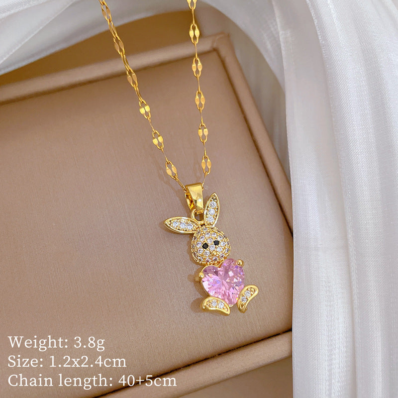 Sweet Minimalist Animal Shape Brass Pendant with Cubic Zirconia Inlay Titanium Steel Necklace for Unisex