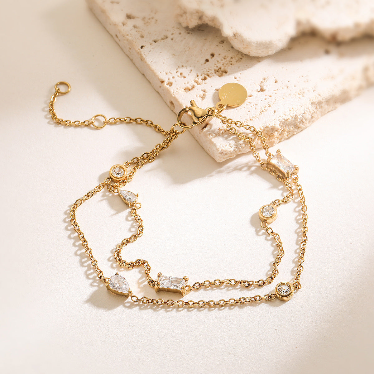 Minimalist Elegant 18K Gold Plated Geometric Stainless Steel Bracelet with Cubic Zirconia for Women