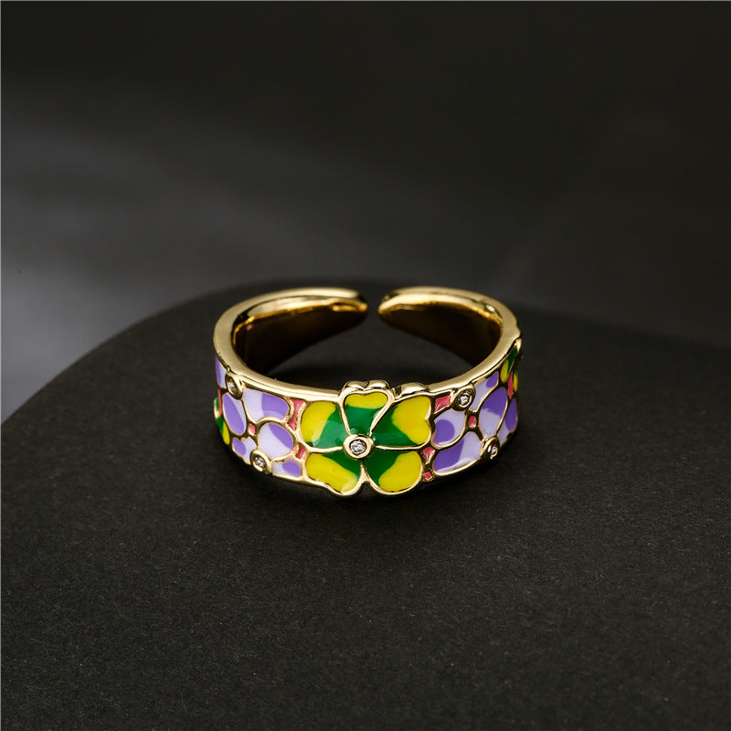 Sweet Geometric Floral Drip Oil Gold Plated Brass Ring for Women