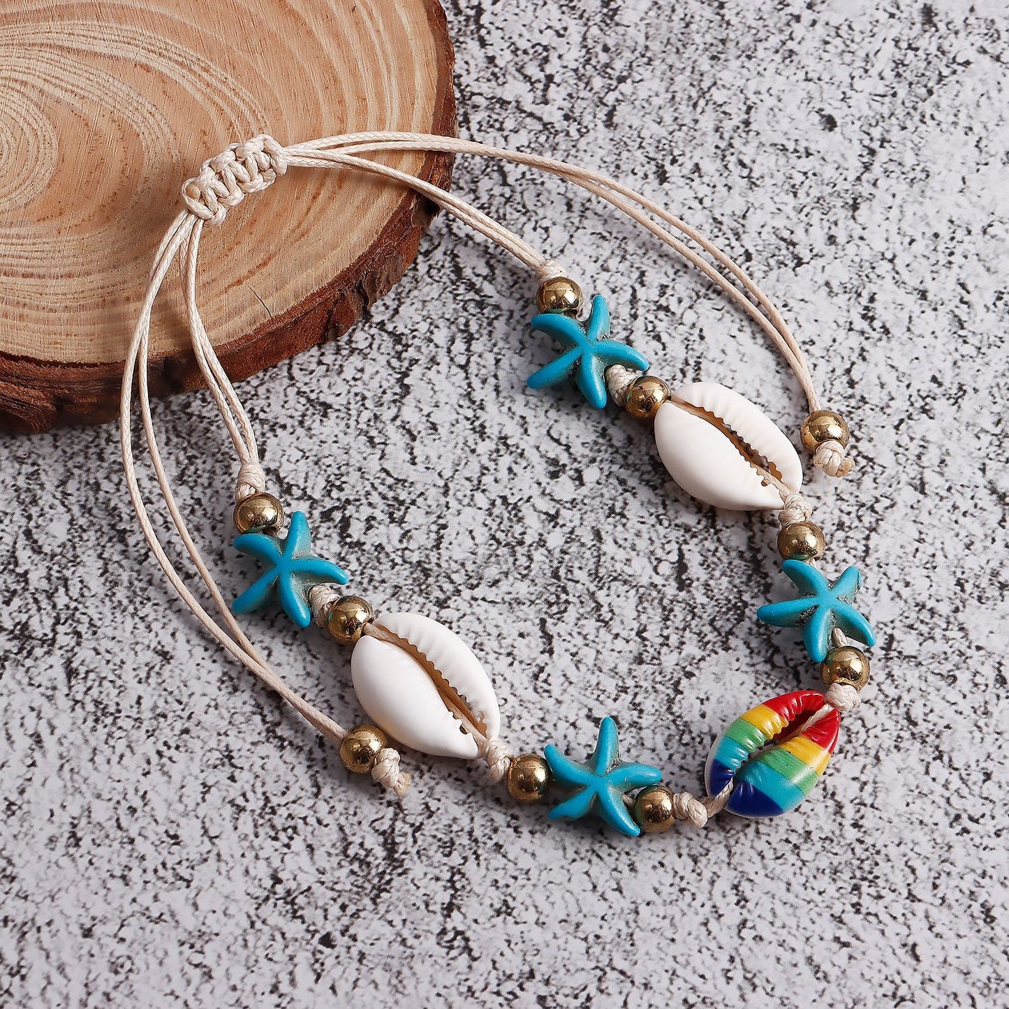 Handwoven Summer Beach Style Adjustable Anklet for Women with Star and Shell Motifs in Alloy