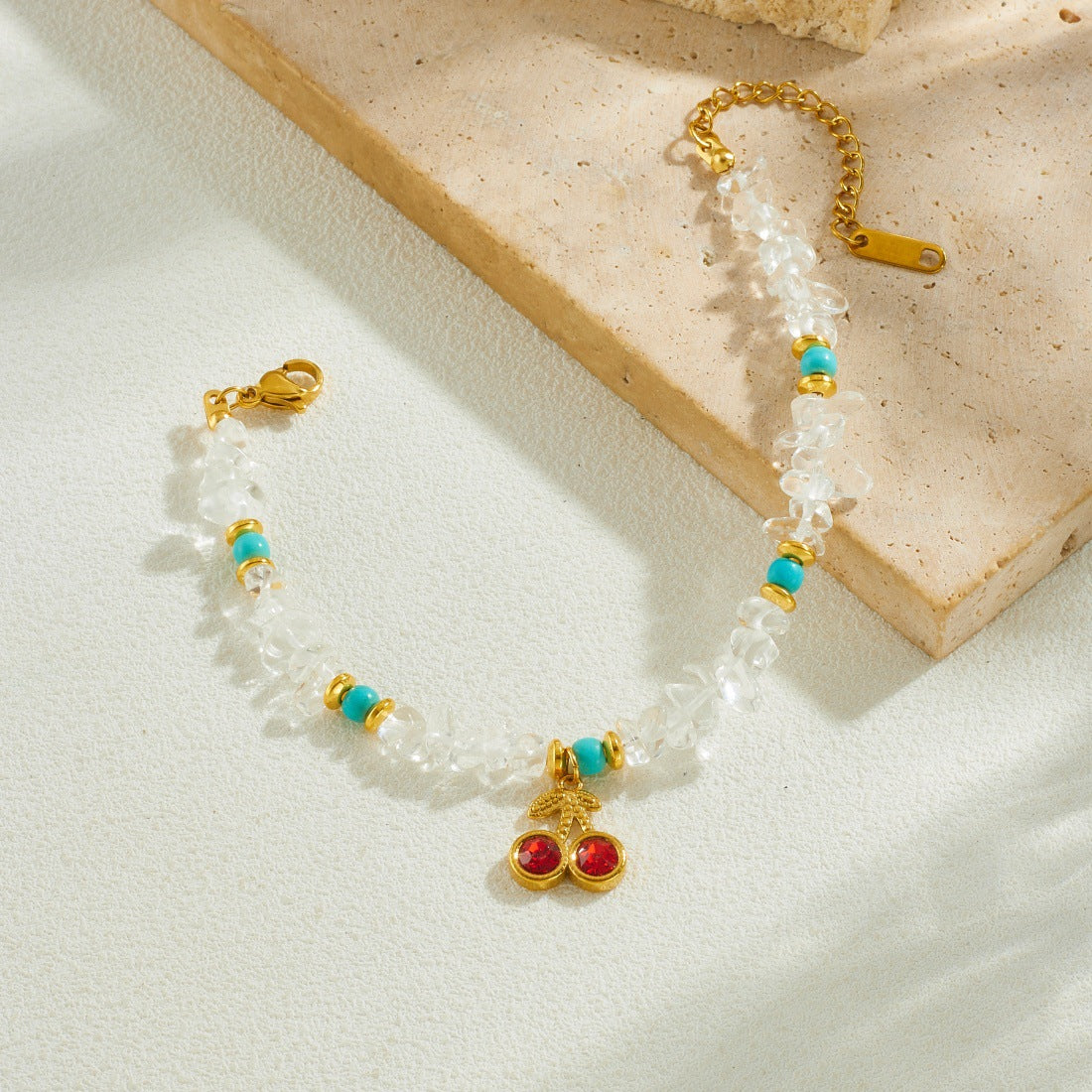 Sweet Stainless Steel Cable Chain Bracelet with Cherry Pendant, Turquoise Chips and Rhinestones