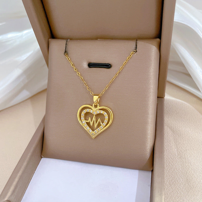 Collana Minimalista in Acciaio Inox a Forma di Battito Cardiaco con Ciondolo in Rame e Intarsio di Strass per Donna e Uomo