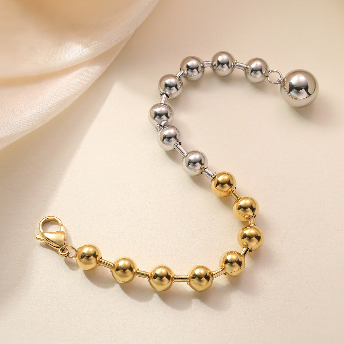 Minimalist Geometric Stainless Steel Beaded Bracelet for Women with Plated Finish and Irregular Color-Blocking Design