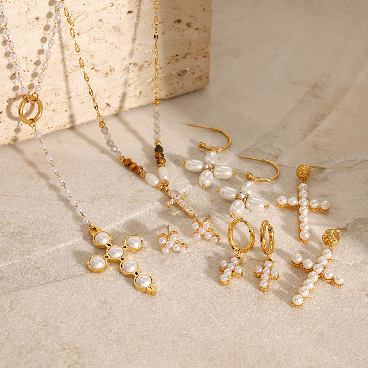 Elegant Cross Pearl Inlay Plated Stainless Steel Earrings for Women
