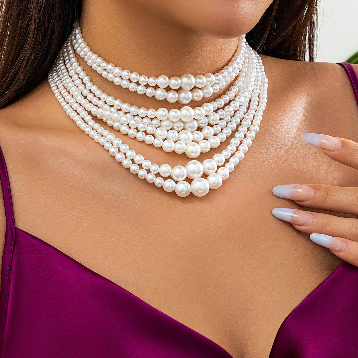 Collana da donna vintage elegante con perle finte a goccia geometriche, placcata, con catena a più strati