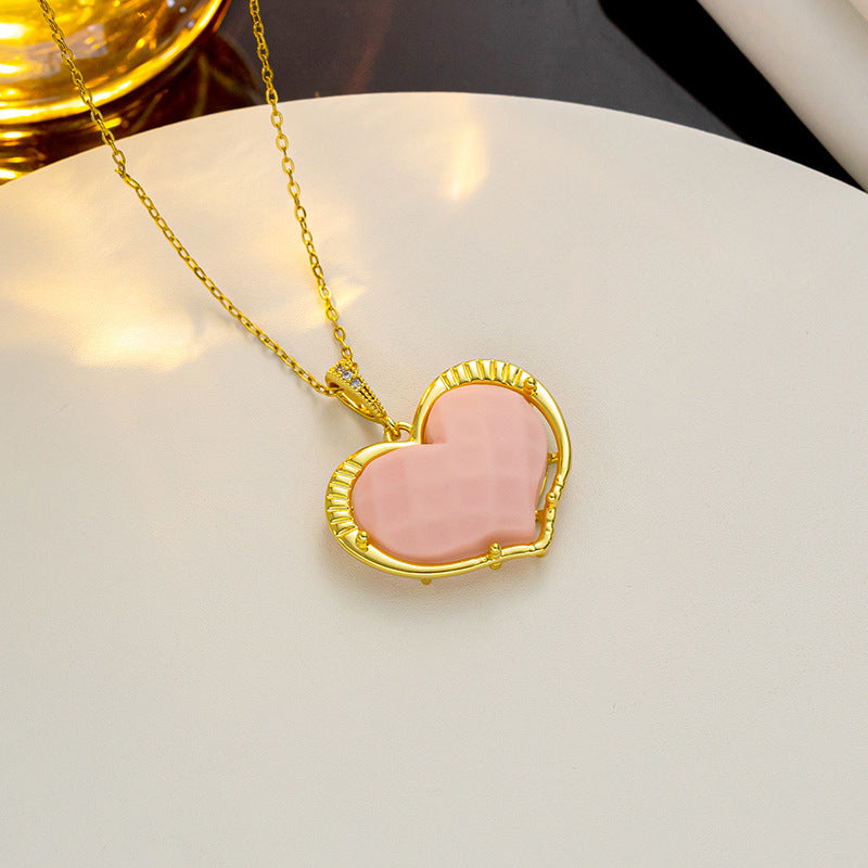 Cartoon Style Heart-Shaped Titanium Steel Pendant Necklace with Electroplated Finish on O-Chain for Women