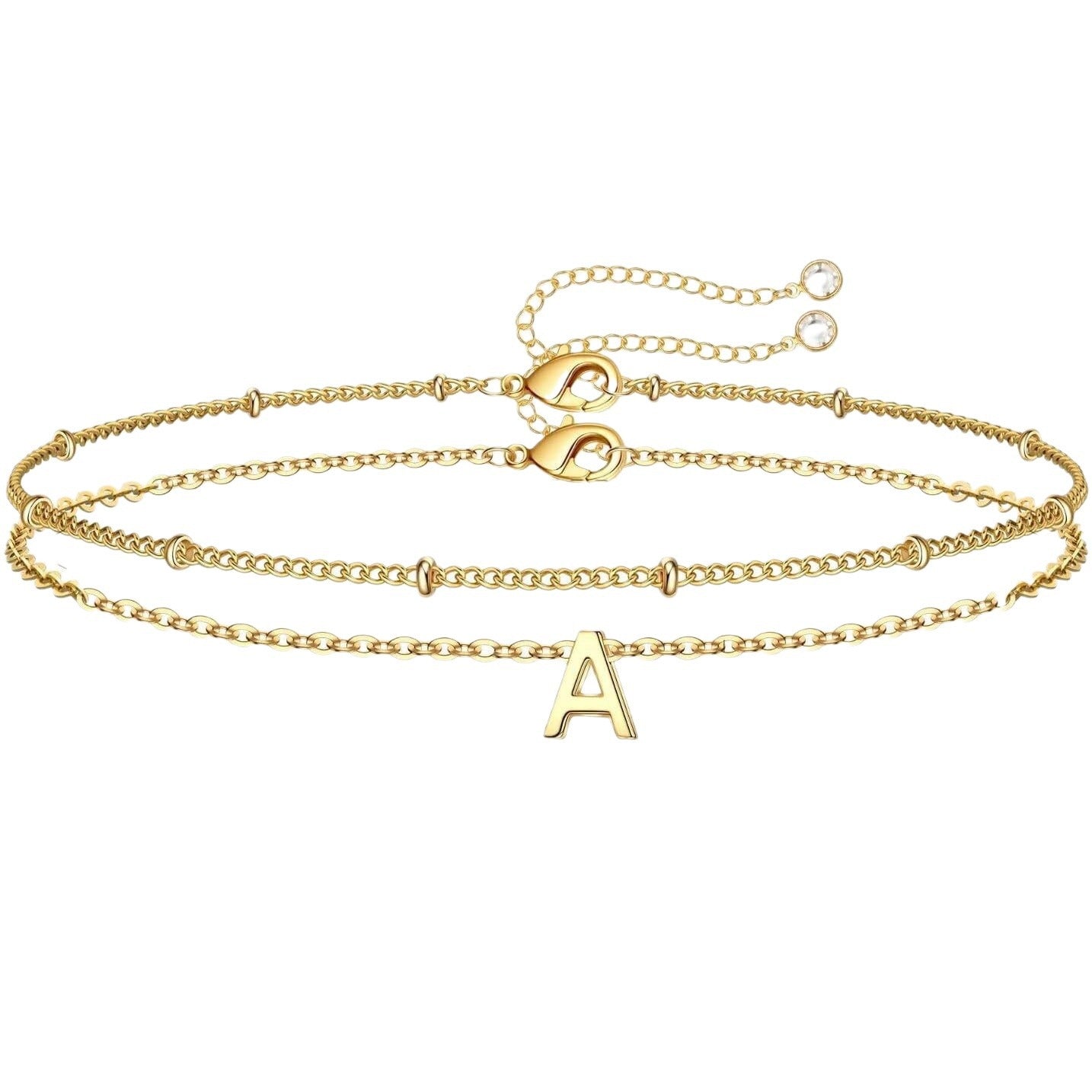 Minimalist Gold Plated Stainless Steel Letter Charm Bracelet Unisex Double Layer Beaded Chain