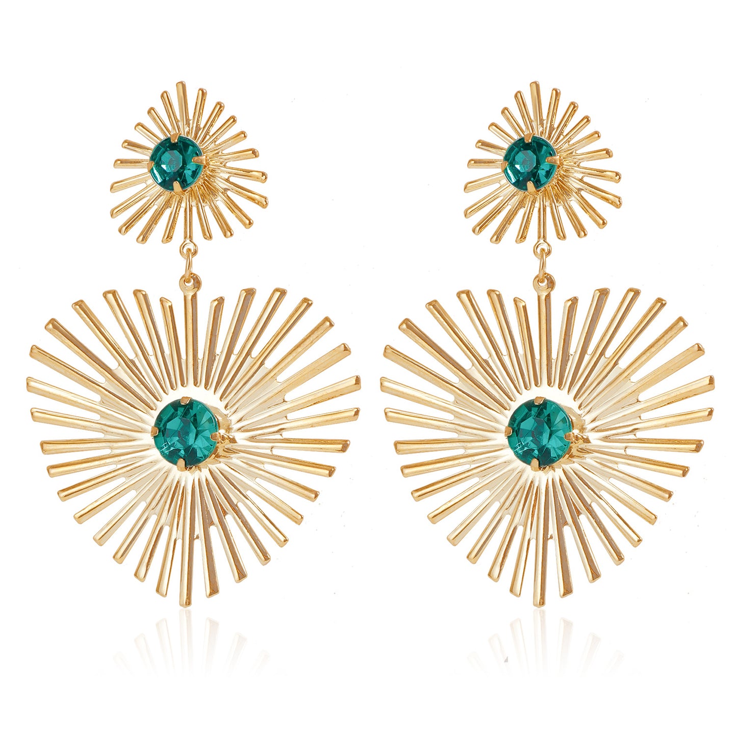 Pendientes de aleación para mujer con acabado chapado, diseño geométrico de corazón, inspirados en el estilo vintage, adornados con pedrería de color verde esmeralda