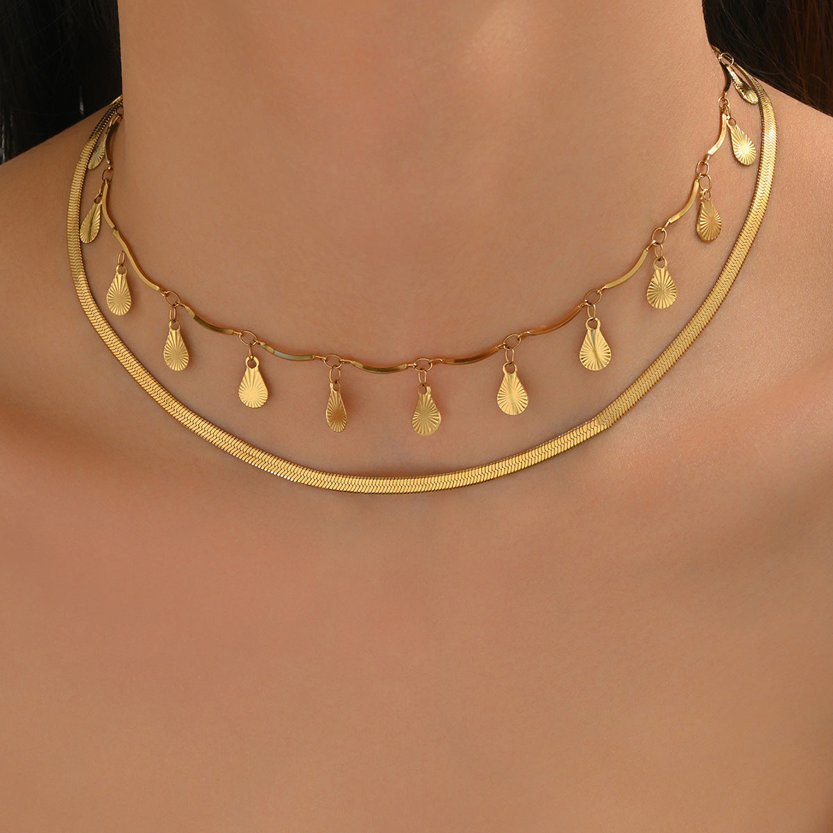 Minimalist Luxury 18K Gold Plated Teardrop Geometric Stainless Steel PVD Snake Chain Necklace for Women