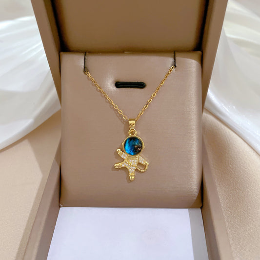 Luxury Astronaut Planet Rhinestone Pendant Necklace Titanium Steel Geometric Clavicle Chain