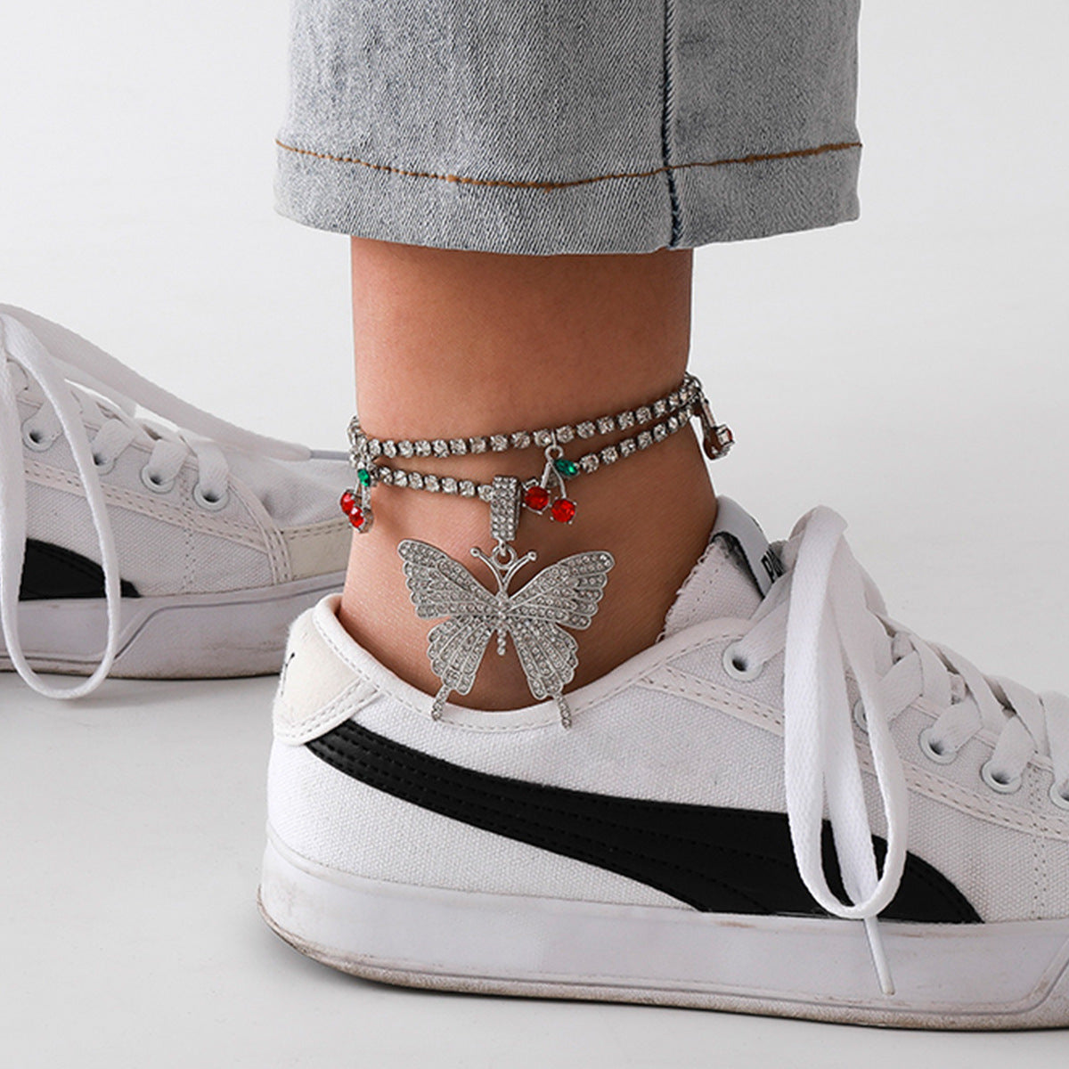 Punk Hip-hop Butterfly Rhinestone Inlay Alloy Cuban Link Chain Anklet Set for Women