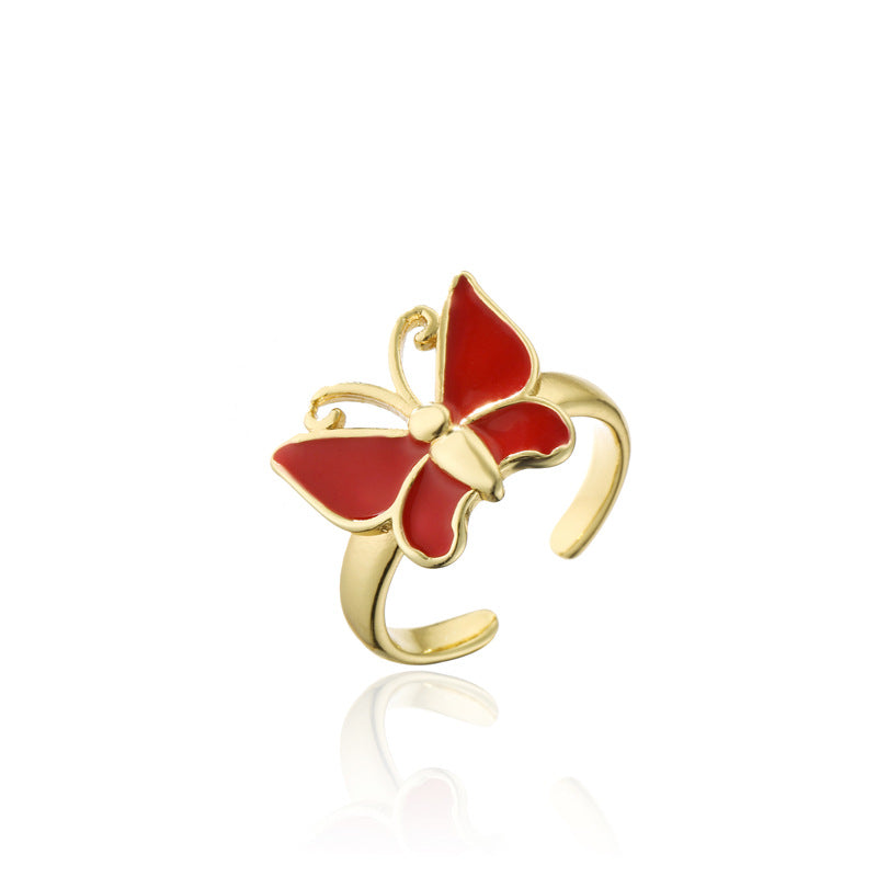 18K Gold Plated Brass Drip Oil Butterfly Open Ring for Women