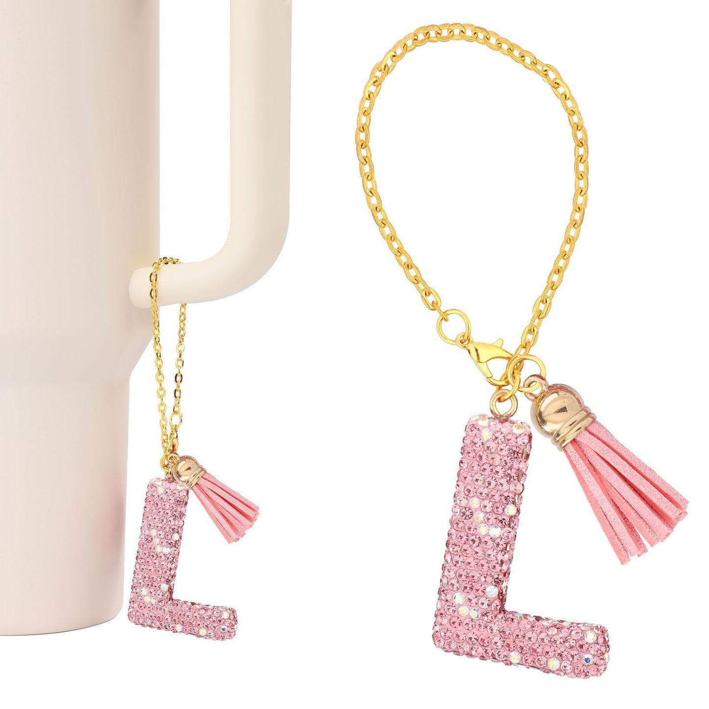 Minimalist Geometric Letter Ceramic Pendant with Gold Adjustable Chain Pink Tassel and Glitter Sequins
