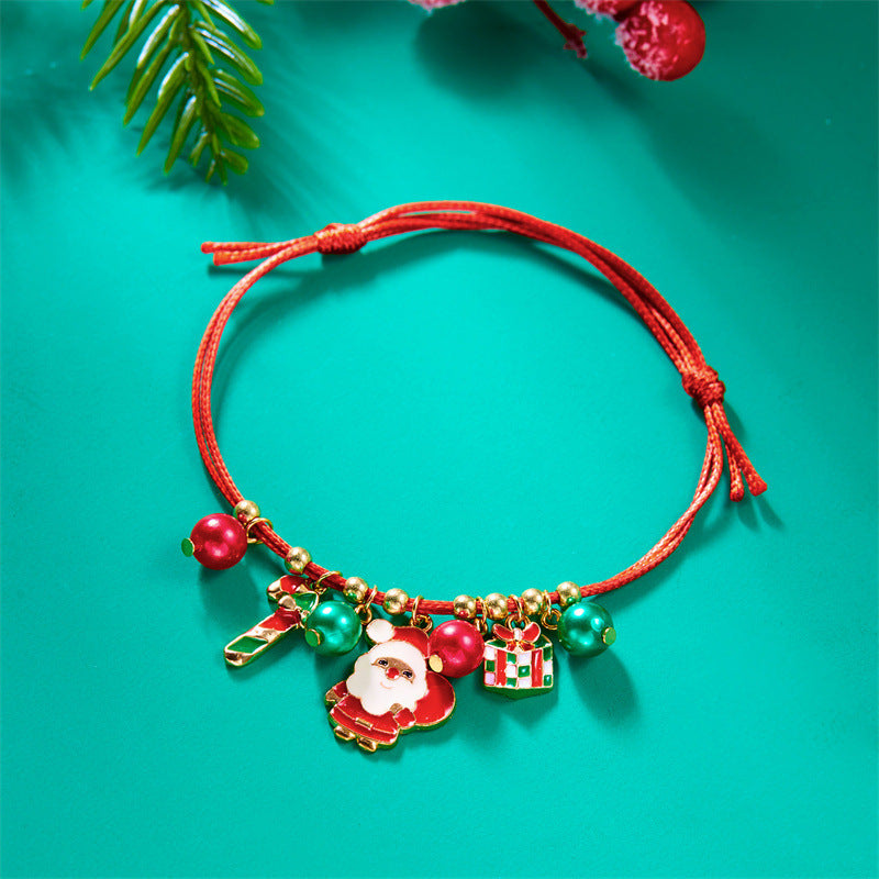 Pulsera trenzada navideña para mujer con colgante de Papá Noel y árbol de Navidad, joyería de aleación para regalo festivo