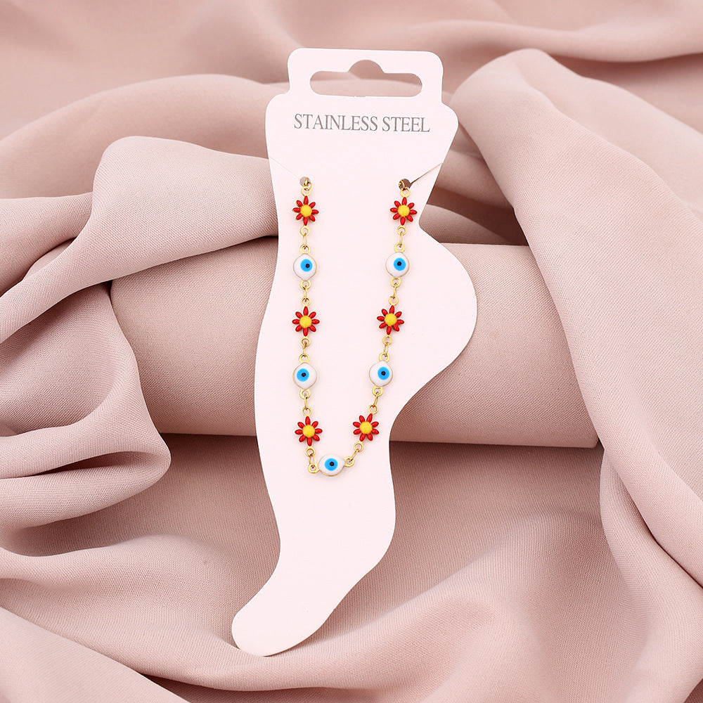 Elegante cavigliera geometrica in acciaio inossidabile da donna con motivo a petalo e occhio, accessorio di moda di lusso minimalista
