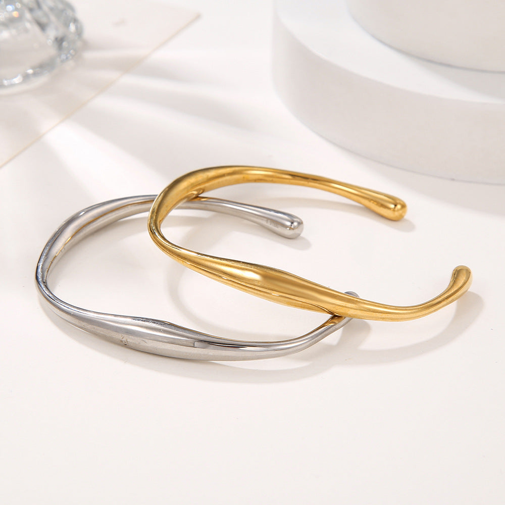 18K Gold Plated Geometric Round Open Cuff Titanium Steel Bracelet for Women