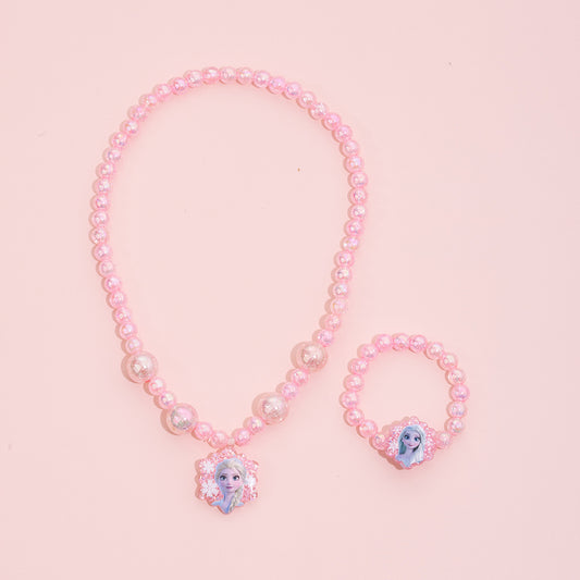 Cartoon Elsa Princess Necklace Set for Kids with Resin Pendant on Beaded Chain Adjustable for Ages 0-10 Years