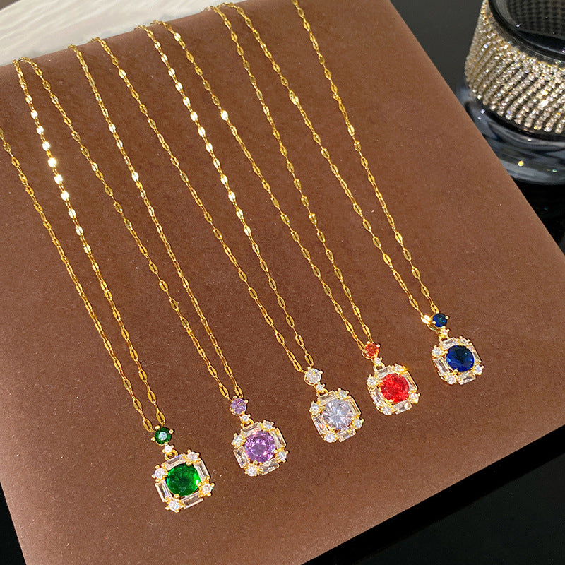 Luxury Minimalist Geometric Round Gemstone Inlay Titanium Steel Necklace with Brass Pendant