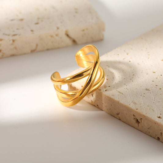 Anillo de Acero Inoxidable Abierto Geométrico Vintage con Baño de Oro al Vacío de 18K para Uso Unisex