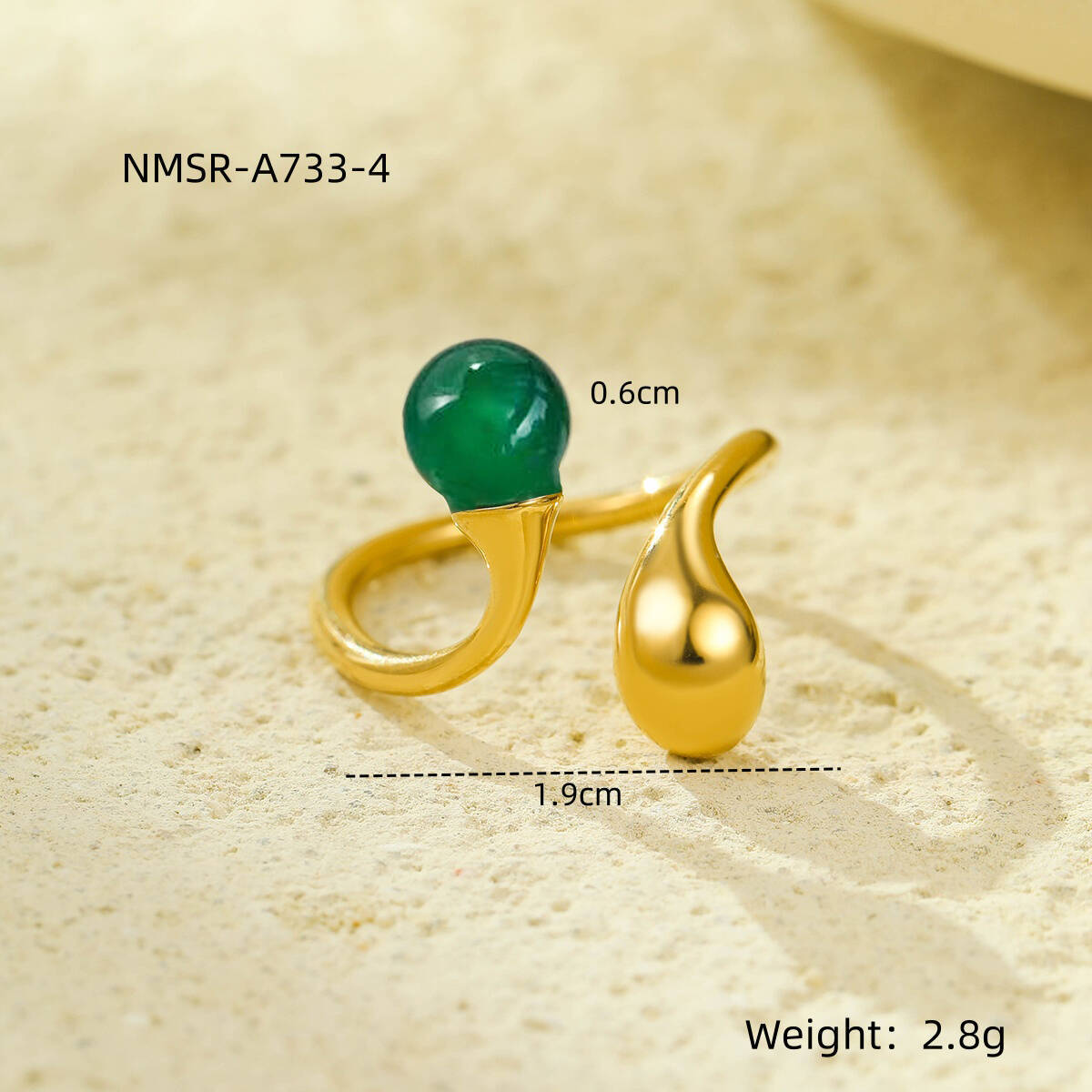 Anello Aperto Geometrico Minimalista in Acciaio Inossidabile con Intarsio in Pietra Naturale, Gioiello di Moda Ipoallergenico Placcato Oro 18K da Donna
