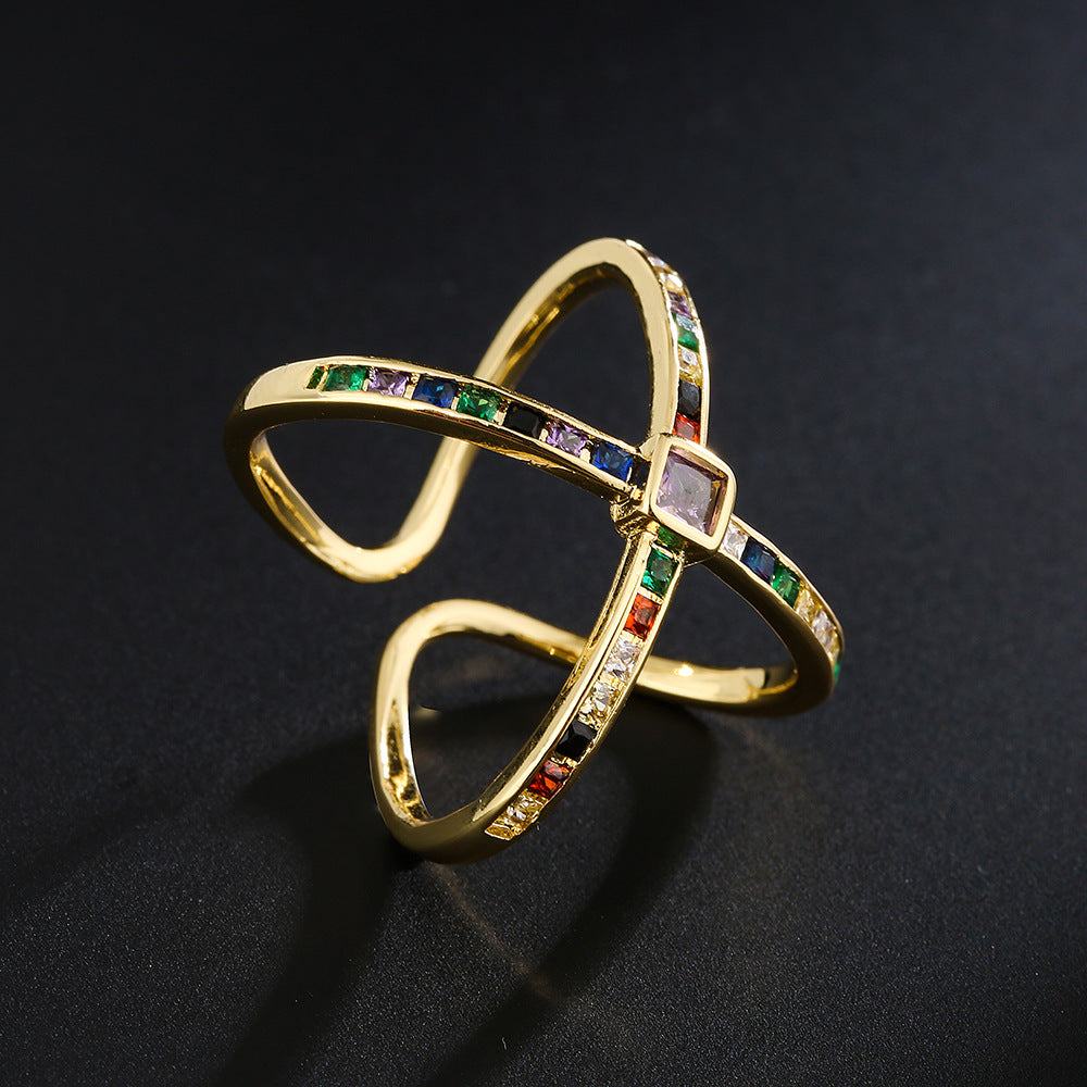 INS-Inspired Geometric Open Ring for Women Made of Copper with 18K Gold Plating and T-Zirconia Inlay