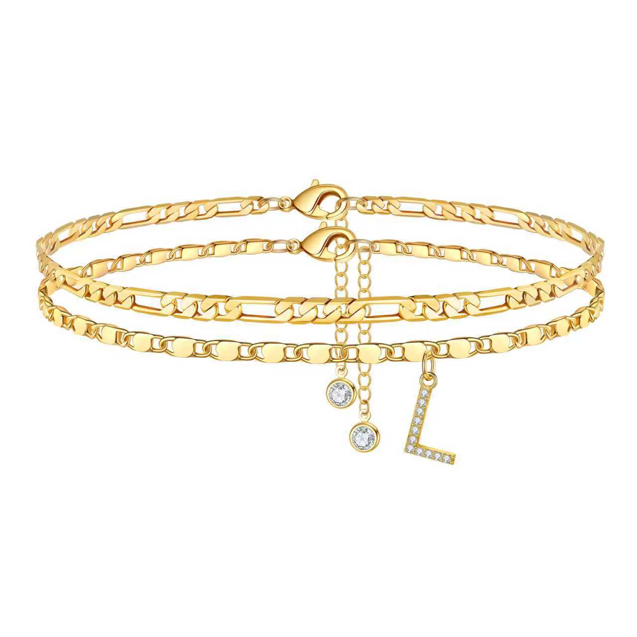 Bohemian Gold Plated Alloy Letter Cubic Zirconia Figaro Chain Anklet for Women