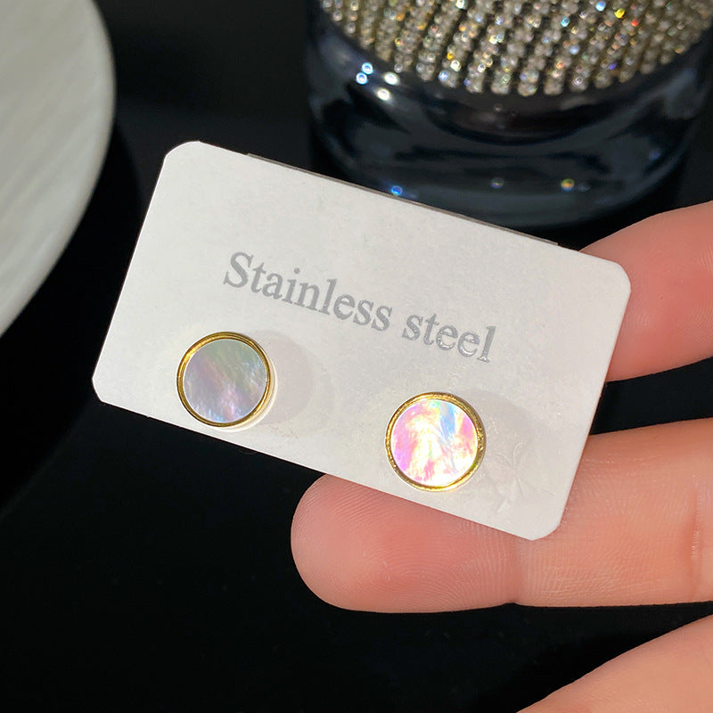Minimalist Elegant Round Floral Mother of Pearl Inlay Stainless Steel Stud Earrings for Women