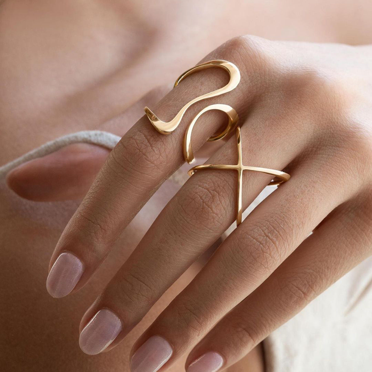 Unique Irregular Open Ring 18K Gold Plated Stainless Steel Minimalist Line Design Unisex Jewelry