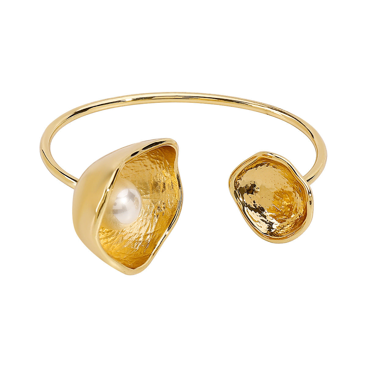 Brazalete abierto de aleación con forma de cuenco de flor de trompeta irregular, electrochapado, con perla