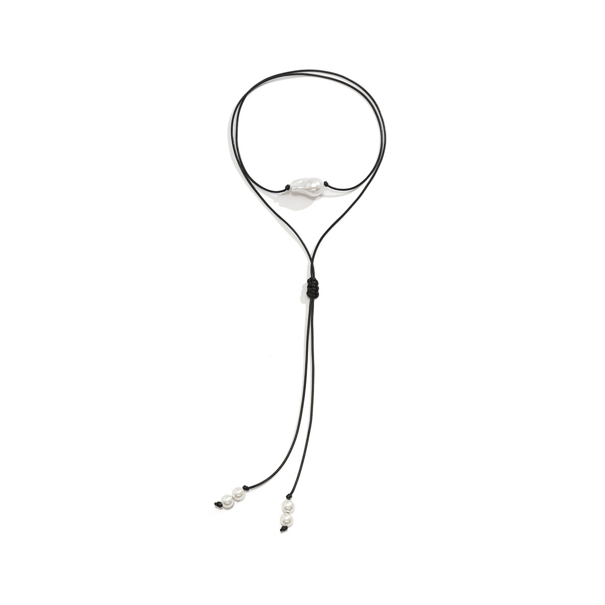 Minimalist Baroque-Inspired Geometric Knot Pendant Necklace with Imitation Pearl and Tassel Accents on Waxed Cord