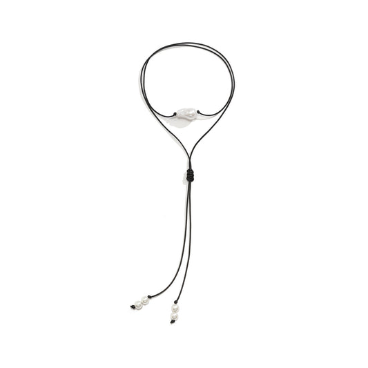 Collar Minimalista de Nudo Geométrico Inspirado en el Barroco con Perla de Imitación y Detalles de Borlas en Cordón Encerado