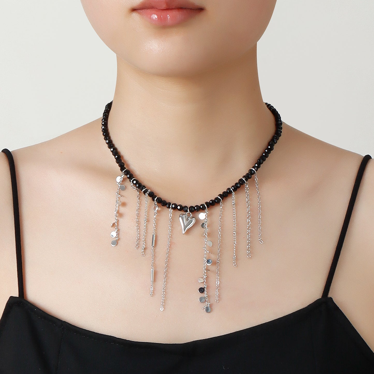 Fashionable Black Crystal Beaded Tassel Necklace with Heart Pendant in Plated Alloy for Women